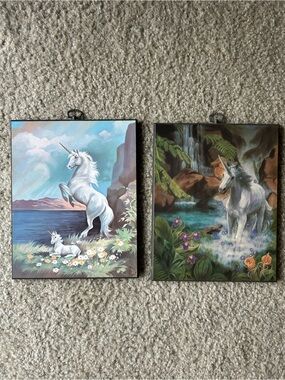 Pair of Vintage Fantasy Unicorn Wall Plaques 8x10in